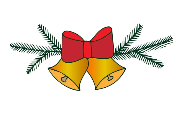 Cloches de Noël colorées avec ruban et branches de sapin — Image vectorielle
