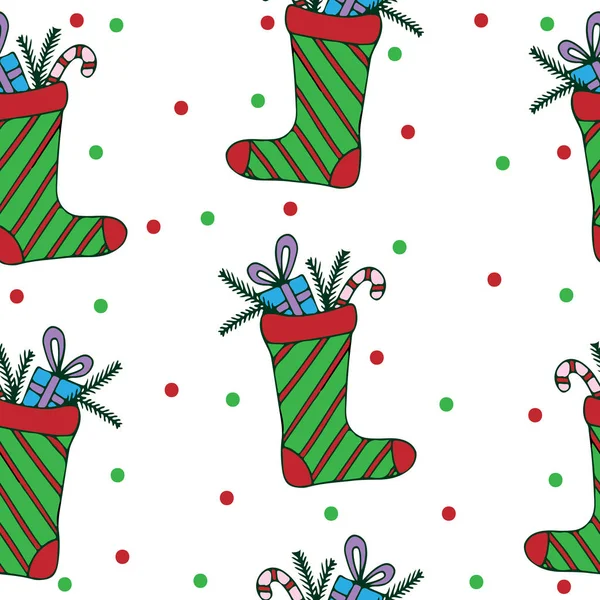 Nahtloses Muster mit Weihnachtsstrumpf mit Süßigkeiten und Geschenk — Stockvektor
