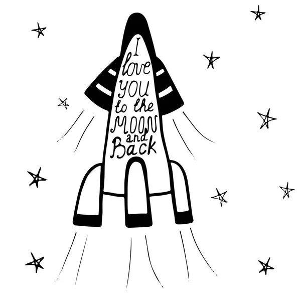 Bokstäver jag älskar dig till månen och backin en raket — Stock vektor