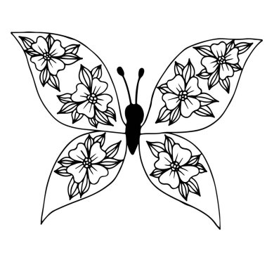Black line butterfly with flower on the wing for tattoo, colorin clipart