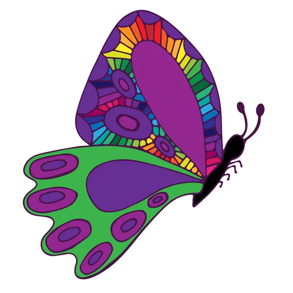 Fioletowy motyl na białym tle z streszczenie kolorowy wzór na w — Wektor stockowy