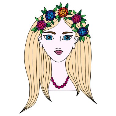 Renkli çiçek ile uzun saçlı güzel bir kız portresi