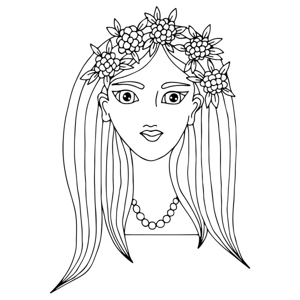 花と leav 長い髪の美しい少女の肖像画 — ストックベクタ