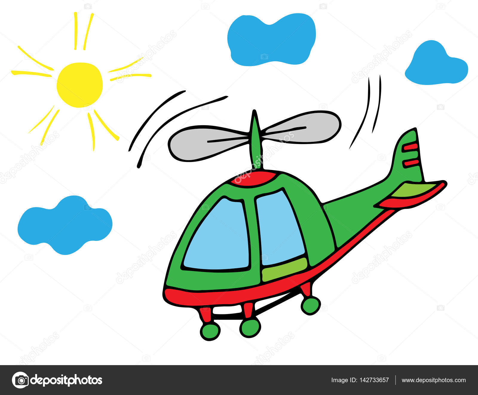 Elicottero colorato con sole e cielo sullo sfondo bianco per libro da colorare e altro disegno bambino — Vettoriali di ellina200 mail