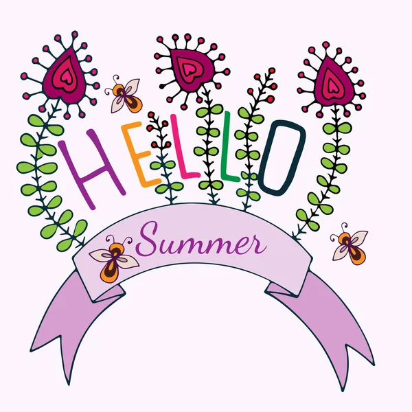 हैलो ग्रीष्मकालीन अक्षरों फूल और मधुमक्खी के साथ — स्टॉक वेक्टर