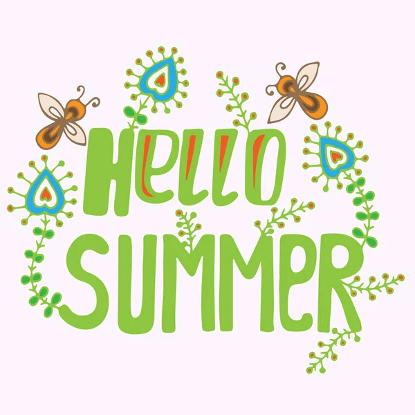 こんにちは、花とミツバチの夏緑のレタリング — ストックベクタ