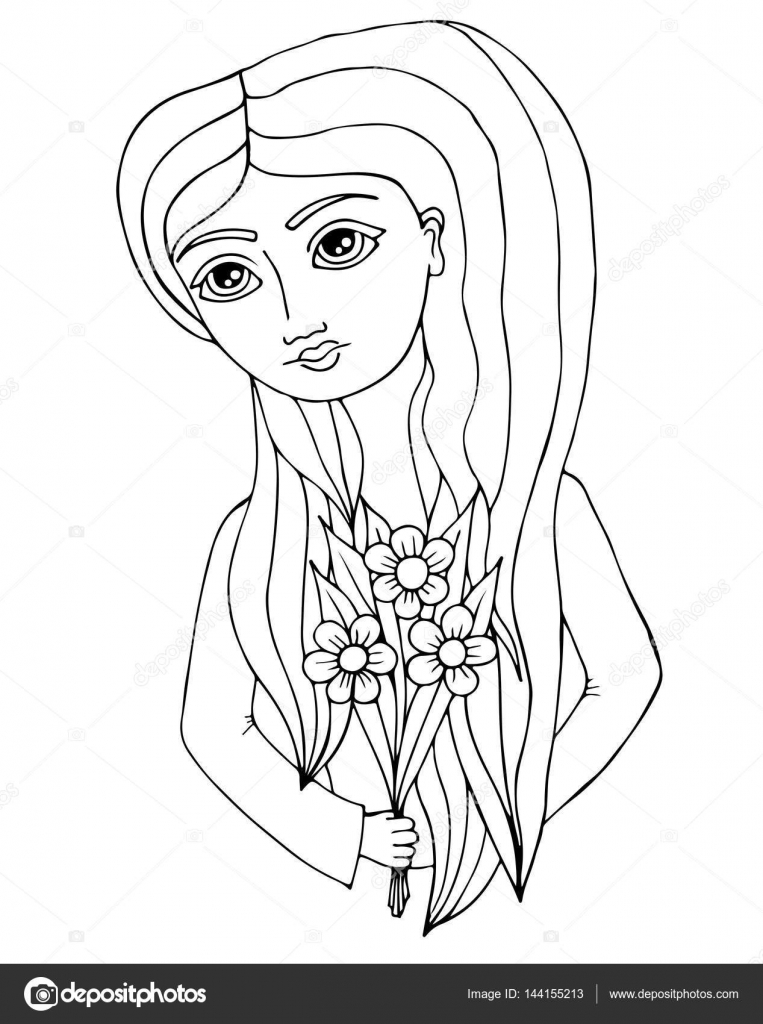Portrait of a beautiful girl with long hair with flower in hand Stock  Vector Image by ©ellina200@ #144155213