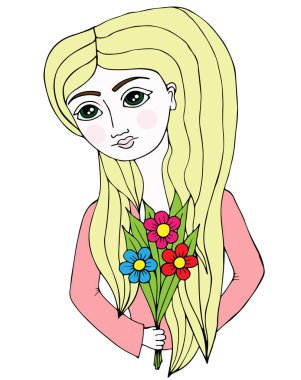 Renkli çiçek ile uzun saçlı güzel bir kız portresi