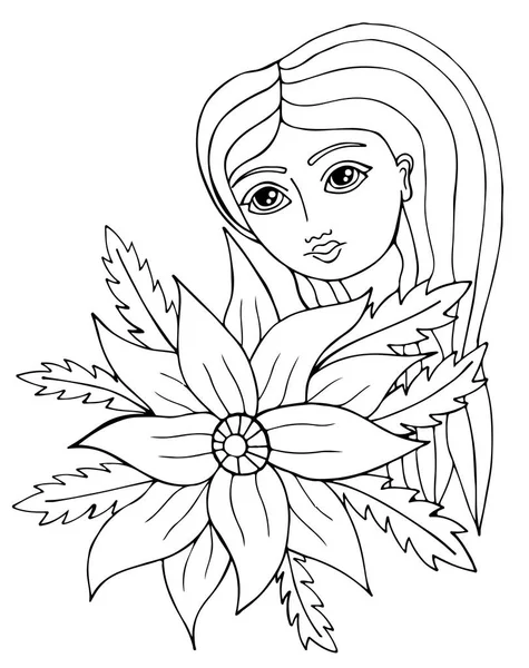 Retrato de una hermosa chica de pelo largo con flor y hoja — Vector de stock