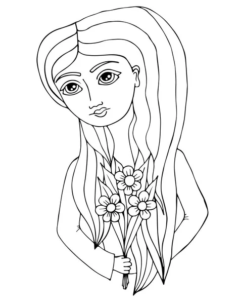 Portret van een mooi meisje met lang haar met bloem in de hand — Stockvector