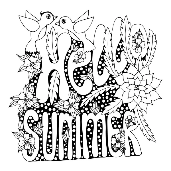 Bonjour Lettrage d'été avec fleur et oiseau — Image vectorielle