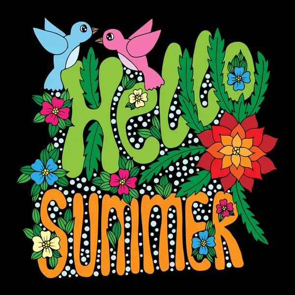 Hello Summer lettering with flower and bird on black background — Stock Vector