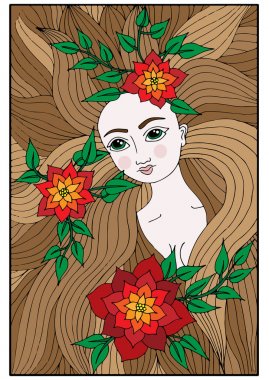 Renkli kırmızı fl ile uzun saçlı güzel bir kız portresi