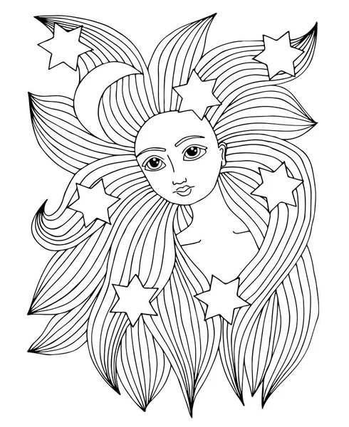 Retrato de mujer de belleza con luna y estrella en el pelo largo — Vector de stock