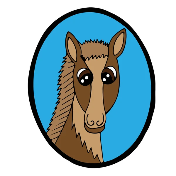 Cartoon head brown horse in blue frame — Stock Vector