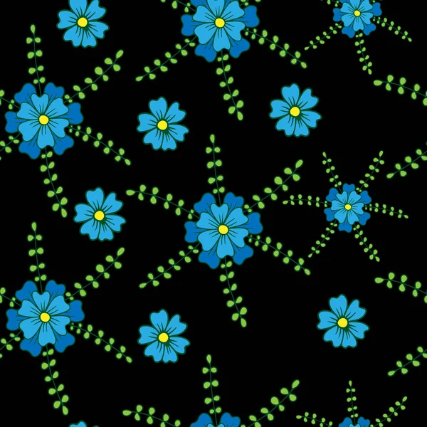 Patrón floral sin costura vectorial con flor azul sobre fondo negro — Vector de stock