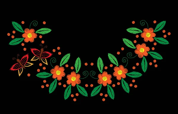 Stickerei mit Schmetterling und Blume mit Blatt — Stockvektor