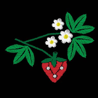 Çilek ve yeşil yaprak çiçek nakış