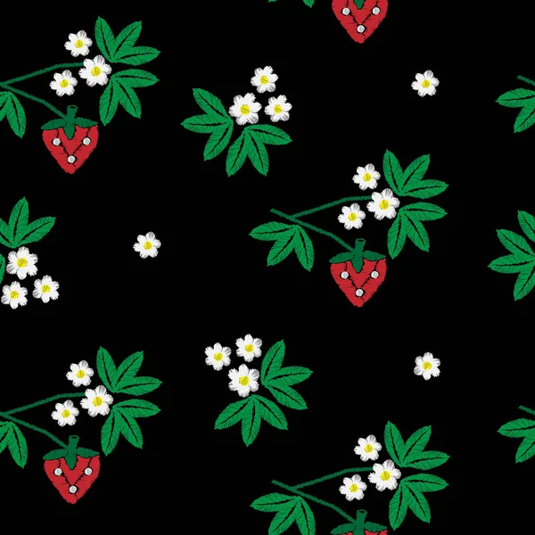 无缝刺绣图案草莓和绿色 lea 花 — 图库矢量图片