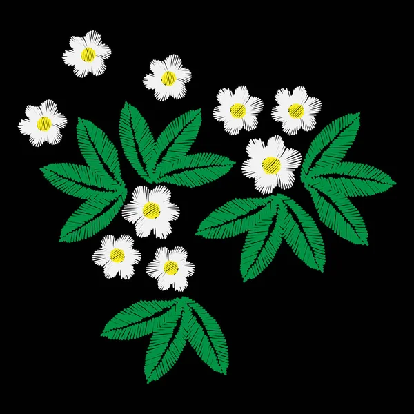 Embroidery dengan bunga putih kecil dan daun hijau - Stok Vektor