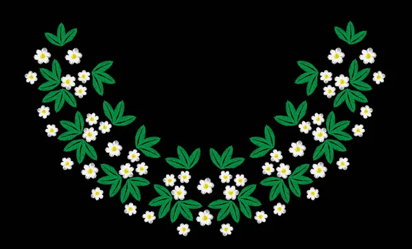 Broderie avec fleur blanche à feuille verte — Image vectorielle