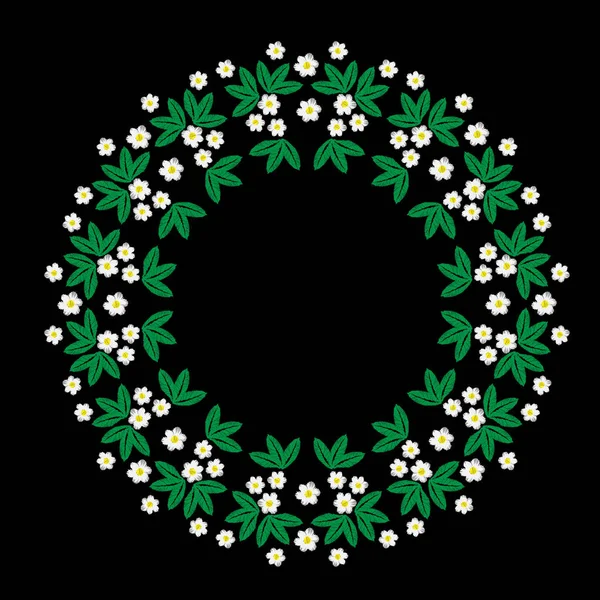 Bordado armação redonda com flor branca com folha verde —  Vetores de Stock