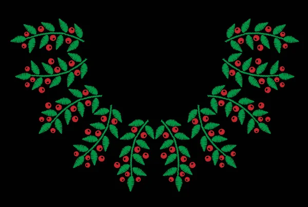 Green leaf with red berry embroidery stitches imitation on the b — Stock Vector