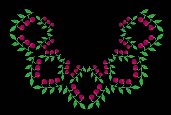 Feuille verte avec des points de broderie rose Berry imitation sur le — Image vectorielle