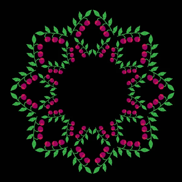 Зеленый лист с розовыми ягодными рамами вышивки швов имитации — стоковый вектор