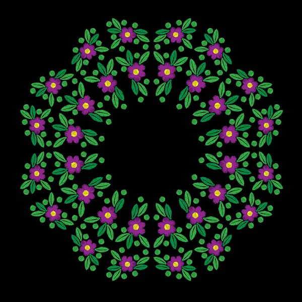Цветок с листьями рамы вышивки швы имитации на бла — стоковый вектор