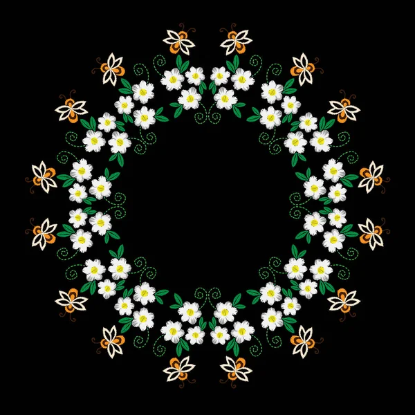 Abeja y flor con marcos de hojas bordados puntadas imitación en — Vector de stock