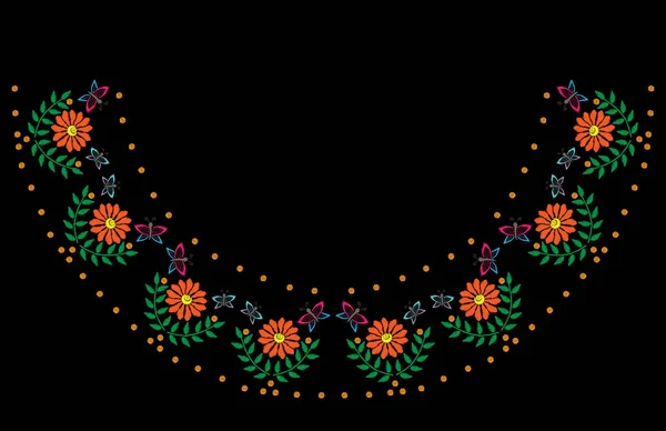 Broderie points imitation cadre avec fleur orange et butte — Image vectorielle