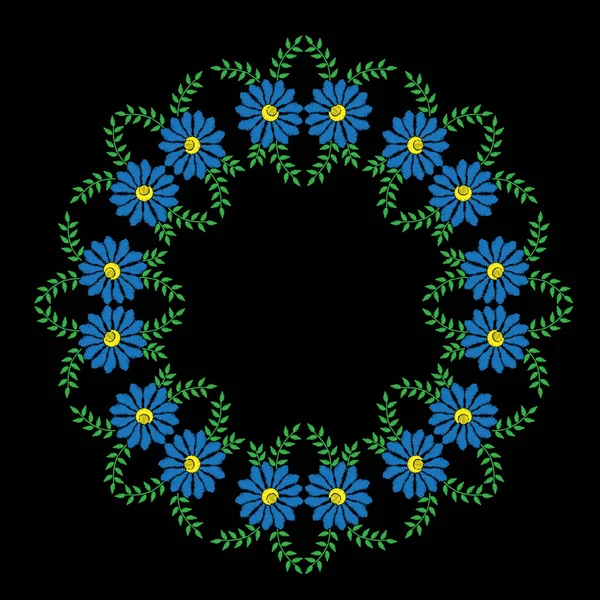 Flores azuis e molduras verdes bordados imitação pontos —  Vetores de Stock