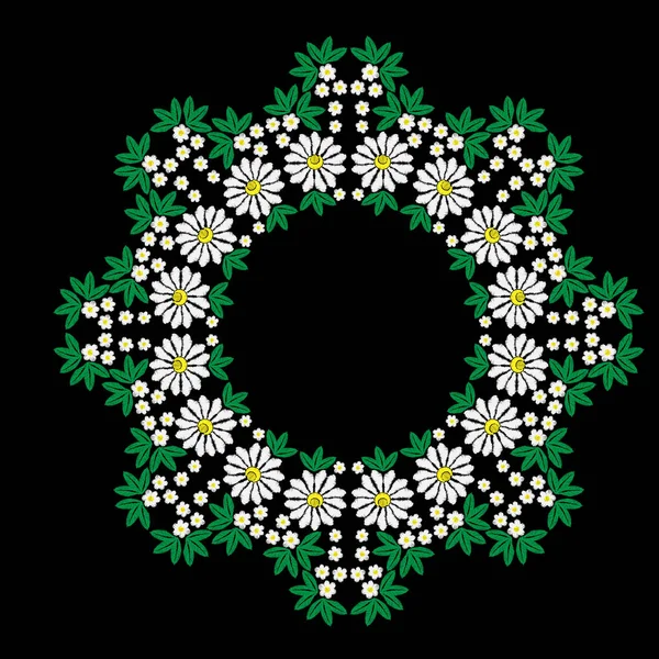 Białe kwiaty i zielony liść ramy haft szwów imitatio — Wektor stockowy