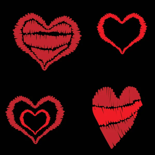 Conjunto de puntos de bordado corazón rojo imitación en el backgro negro — Vector de stock