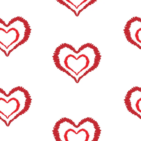 Seamless pattern with red heart embroidery stitches imitation — Stock Vector