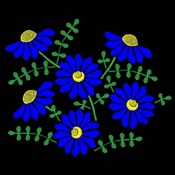 Jahitan bordir meniru dengan bunga biru dan daun hijau - Stok Vektor