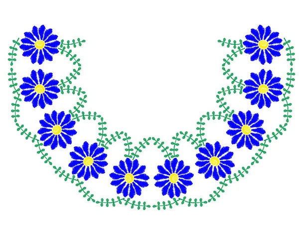 Απομίμηση πλαίσιο κέντημα βελονιές με φωτεινό μπλε λουλούδι και — Διανυσματικό Αρχείο