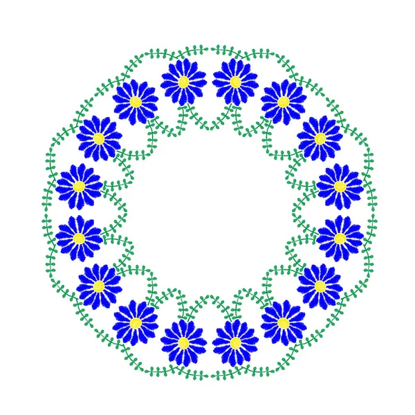 Broderie points imitation cadre floral avec fleur bleue et — Image vectorielle