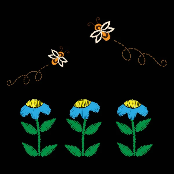 Jahitan bordir meniru lebah dan bunga yang terisolasi di bla - Stok Vektor