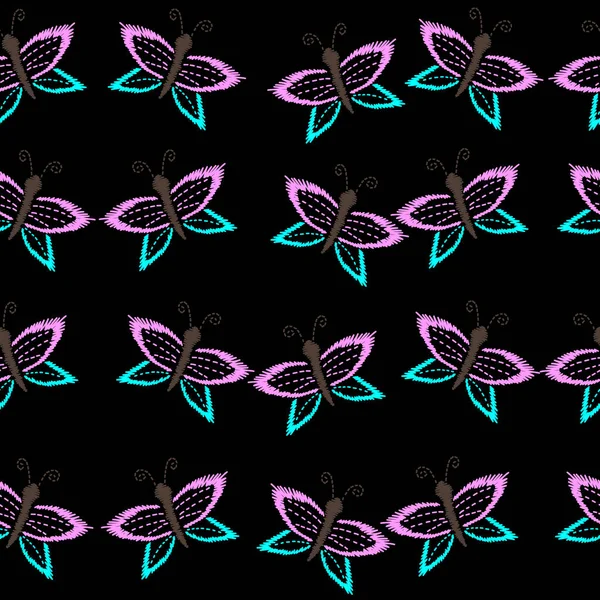 Patrón sin costuras con puntadas de bordado de mariposa imitación — Vector de stock