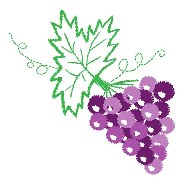 Vinha com padrão de folhas e uvas bordados pontos imitatio — Vetor de Stock