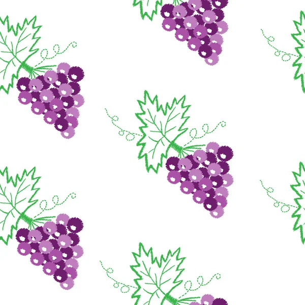 Viña con hojas y uvas patrón sin costuras bordados puntadas — Vector de stock