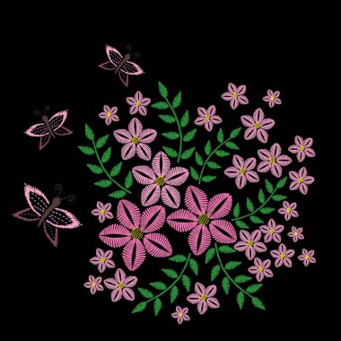 Pembe kelebek ve çiçek zekâ ile taklit nakış dikiş