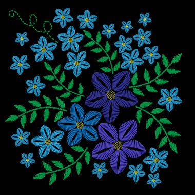 Nakış dikiş taklit mavi çiçek ve yaprak yeşil