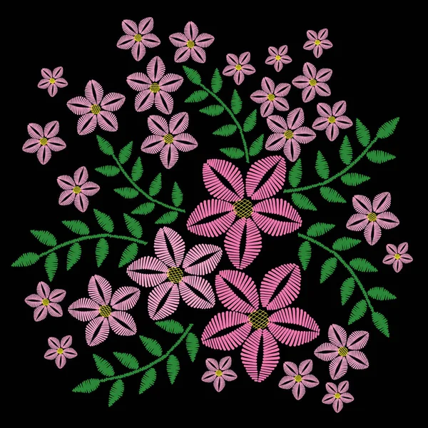 Jahitan bordir meniru dengan bunga merah muda dan daun hijau - Stok Vektor