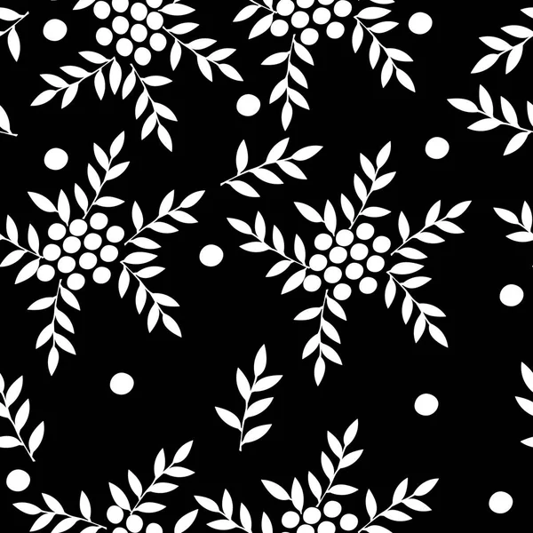 Nahtloses Muster mit weißen Beeren und Blättern auf dem schwarzen Hintergrund — Stockvektor