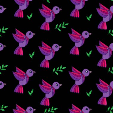 Sadece Dikişsiz desen renkli kuşlar ve üzerinde yeşil yaprakları ile 