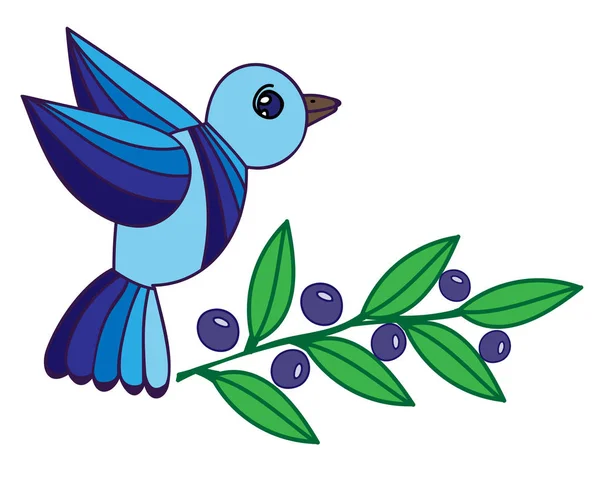 Ilustración pájaro azul con hoja y bayas aisladas en el blanco — Vector de stock