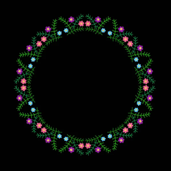 Bordado puntadas marco de imitación con flores de colores y gre — Vector de stock